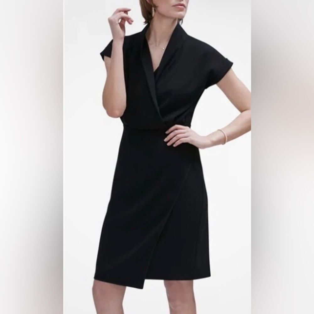 MM Lafleur Tory Dress Black Knee Length Wrap Style Short Sleeve Sheath US 6